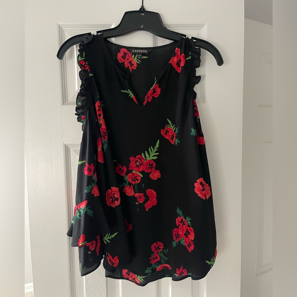 Cold Shoulder Black Poppy Print Top